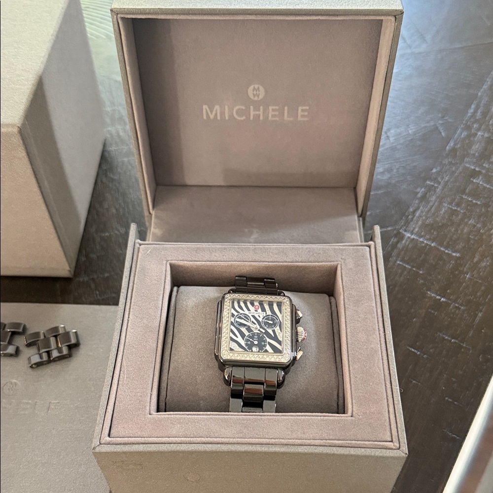 Michele Deco Zebra Ceramic Black and Silver  Chronograph Watch With Diamonds - Picture 8 of 9